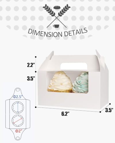 qiqee Cupcake Box Two Holder 6.5x3.6x3.5inch(2.2" Top) 50pcs White 2 Cupcake Boxes With Window
