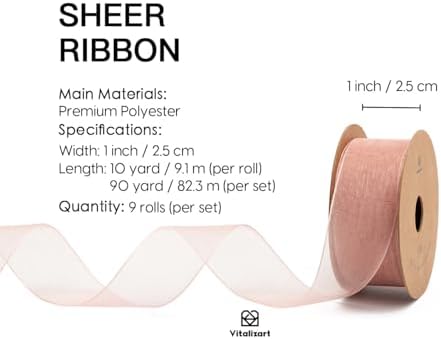 Vitalizart 1" x 90Yd Organza Ribbon Mixed Color Sheer Ribbons Set 10 Yd x 9 Rolls Handmade for Gift Wrapping Christmas Tree Crafts Bows Wedding Invitations Wreaths Wrap