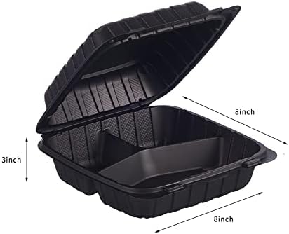 Jaluxing 8X8 3-Compartment 50-Pack Plastic Clamshell Takeout Food Trays Heavy Duty Togo Disposable Box Carryout Meal Prep Packaging Catering Hinged Containers With Secure Snap Lid (Formerly FULING)