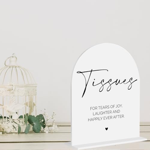 Tissues Acrylic Sign, Favor Wedding Engagement Bridal Shower Decor for Ceremony Modern Calligraphy Arch Acrylic Table Top Sign for Wedding Reception and Event Party 8x10 inch