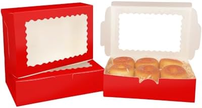 qiqee 50Pcs Red Cookie Box with Window 9x6x2.5 inch Pastry Macaron Bakery Box For Packaging
