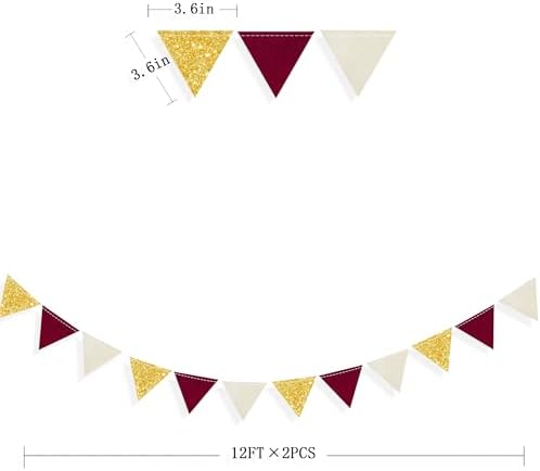 Maroon Gold Party Decorations Burgundy Beige Gold Glitter Felt Hanging Triangle Mini Bunting Pennant Banner Flag for Birthday Graduation Wedding Shower Anniversary Party Decor Supplies