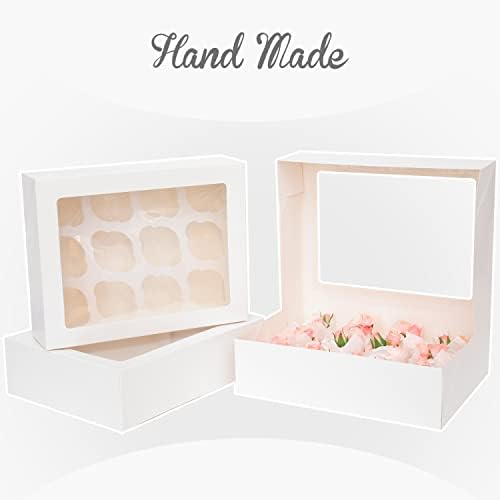 qiqee Auto-pop Up Cupcake Boxes with Window White 40PCS 12 Count Cupcake Box 13"x10"x3.5" Cupcakes Carrier, 12 Cupcake Containers with 2 rolls of pink ribbons