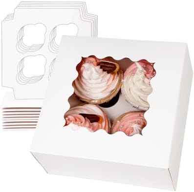 qiqee Auto-pop Up Cupcake Boxes with Window White 100PCS 4 Count Cupcake Box 6.3"x6.3"x3" Cupcakes Carrier, 4 Cupcake Containers