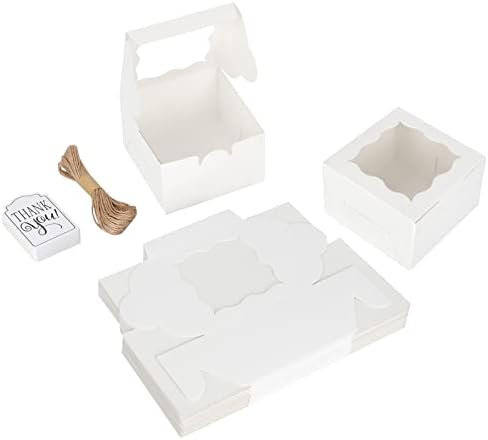 KPOSIYA 20 Pcs White Bakery Boxes with Window Individual Cupcake Boxes 4x4x2.5 Inches Cookie Boxes Kraft Paper Brown Gift Box for Pastries, Cookies, Pie, Donuts, Macaroon(White,20)
