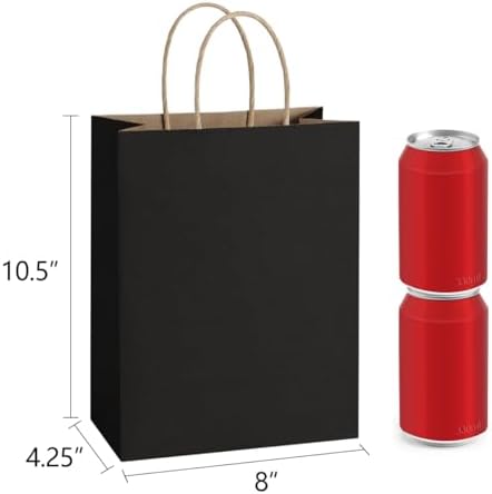 BagDream Recyclable Kraft Paper Gift Bag, 8x4.25x10.5 Inches, 100Pcs, Black, with Handles, Bulk, FSC Compliant, Multipurpose