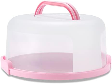 10in Plastic Cake Carrier with Handle, Round Cake Holder with Lid Pink Cake Container for 6in/8in/10in Cake(pink)