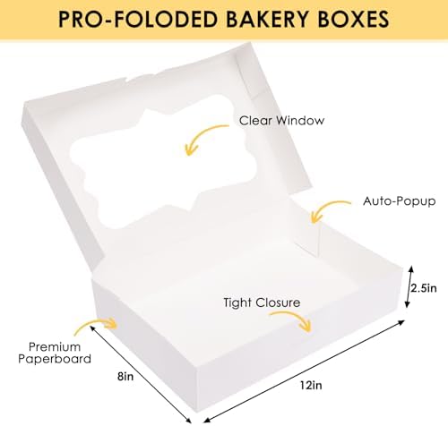 Moretoes 48pcs Cookie Boxes with 3 Style Window, 12x8x2.5In Bakery Boxes