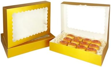 qiqee Auto-pop Up Gold Cookie Box with Window 14x10x2.5 inch 24Pcs Bakery Pastry Macaron Bakery Box For Packaging