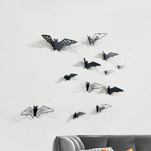 24Pcs Large Halloween Bats Wall Decorations Bats Wall Stickers 3D Self-Adhesive PVC Bats Wall Decals Removable Hollow Bats Window Stickers Walls Clings Decorations for Halloween Party Indoor Supplies