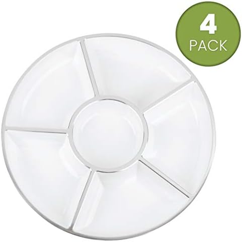 6 Sectional Round Plastic Serving Tray/Platters White W Silver Rim 4 Pack