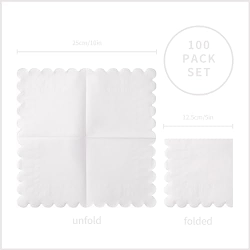 100 Pack Cocktail Napkin 2-Ply Scalloped Edged White Napkins 5 x 5IN