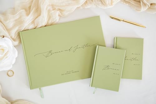 Personalized Wedding Book Set with Guestbook Vow Books (Design 1) - Custom Large 11.5 x 8.5 Guest Signin Book, 5.75 x 4 Vow Books for Marriage Ceremony Reception, Gift for Newly Engaged Couple, Sage