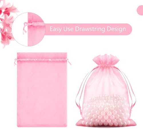 FUNFERY 100PCS Pink Organza Gift Bags 5x7in,Drawstring Pouch for Jewelry