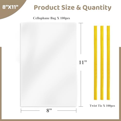 WIKDAY Cellophane Bags 100 PCS 8x11 Inches Clear Gift Treat Gags with Ties
