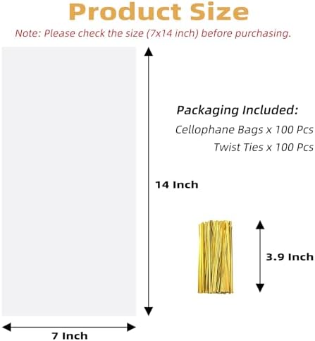 Yotelab Cellophane Treat Bags, 7x14 In Cellophane Bags With Ties, 100 Pcs