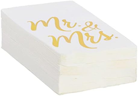 Juvale Wedding Napkins Mr & Mrs - 4 x 8 In, 3-Ply White & Gold, 50 Count - Disposable Bridal Shower & Reception Beverage Napkins