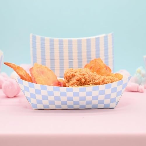 30 Pcs No Folding Required 2lb Gingham Party Supplies Disposable Paper Food Trays for Shower Wedding Tea Party Supplies Nacho Snack (Light Blue)