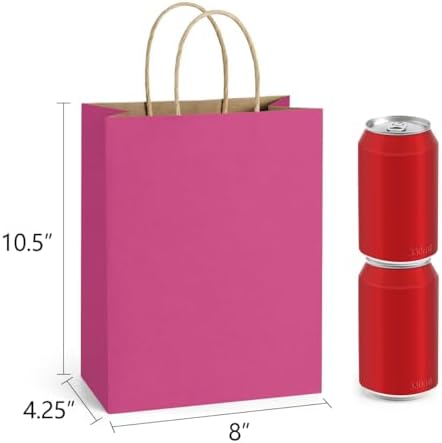 BagDream Medium Gift Bags with Handles 8x4.25x10.5 Inch Pink 100 Pack Bulk