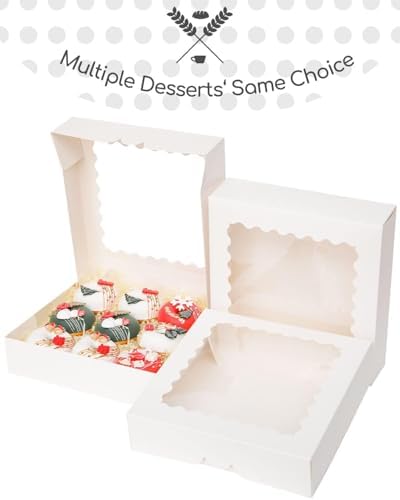 qiqee 10"x 10"x 2.5" White Pie Boxes with Window 50Packs Cookie Donut Bakery Box (Auto-pop Up)