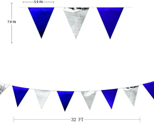 Royal Blue Silver Party Decorations Navy Blue Triangle Pennant Banner Flag Metallic Fabric Bunting Garland for Birthday Graduation Wedding Retirement Nautical Ahoy Achor Pirate Theme Party Supplies