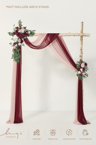 Ling's moment Red Pink Blush Artificial Wedding Arch Flowers Kit Pack of 4, 2pcs Hanging Flower Arrangement 2pcs Chiffon Drapes Ceremony Reception Fake Rose Arbor Backdrop Floral Party Outdoor Decor