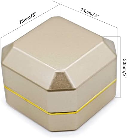 Luxury Ring Box, Square Velvet Wedding Ring Case Jewelry Gift Box with LED Light for Proposal Engagement Wedding, Gold