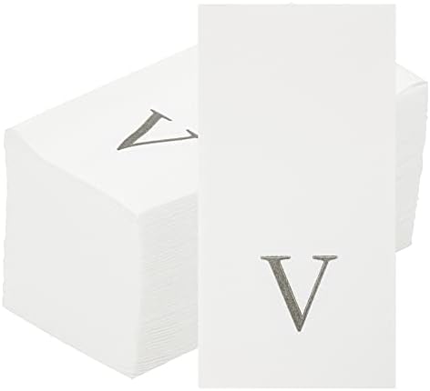Luxenap 15.8 X 7.9 Inch Linen-Feel Guest Towels, 50 Lettered Hand Towels - Silver Letter 'V', Sans Serif Font, White Paper Dinner Napkins, airlaid, For Restrooms And Tables - Restaurantware