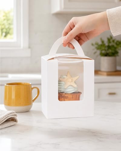 qiqee 100Pcs Auto Pop-up Cupcake Boxes Individual Cupcake Holders Disposable White Single Cupcake Boxes with Window 3.7"x3.7"x4.5" Cupcake Containers