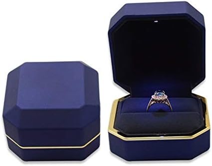 Luxury Ring Box, Square Velvet Wedding Ring Case Jewelry Gift Box with LED Light for Proposal Engagement Wedding, Blue