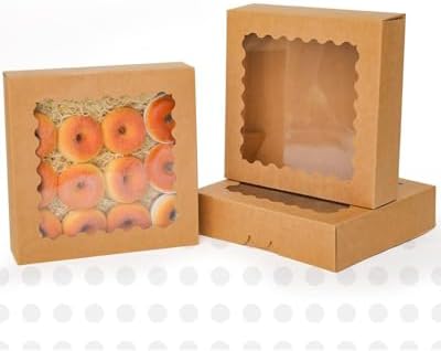 qiqee 10x10x2.5 Inch Brown Pie Boxes with Window 12Packs Cookie Donut Bakery Box (Auto-pop Up)