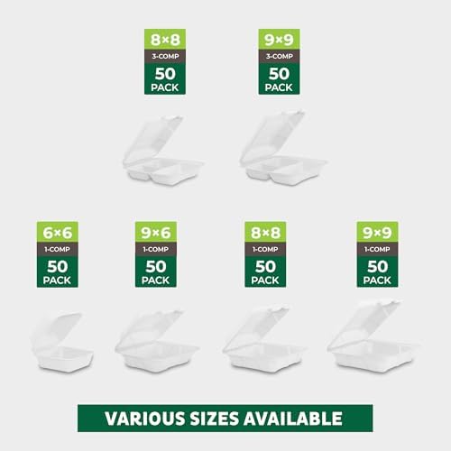 Freshware Compostable 9x9" Clamshell Take Out Food Containers [50-Pack] - Biodegradable Sugarcane To Go Boxes - Paper Food Container - Microwave & Freezer Safe, Stackable