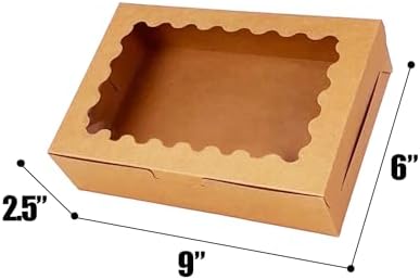 qiqee 50Pcs Brown Cookie Box with Window 9x6x2.5 inch Pastry Macaron Bakery Box For Packaging