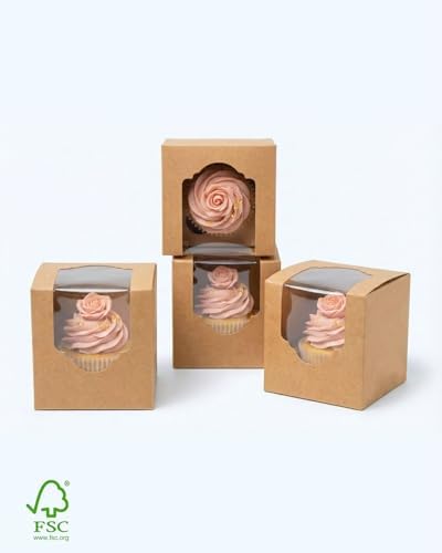 qiqee Brown Auto-pop up Cupcake Boxes Individual Cupcake 3.5x 3.5x 3.5inch 200pcs Single Cupcake Boxes