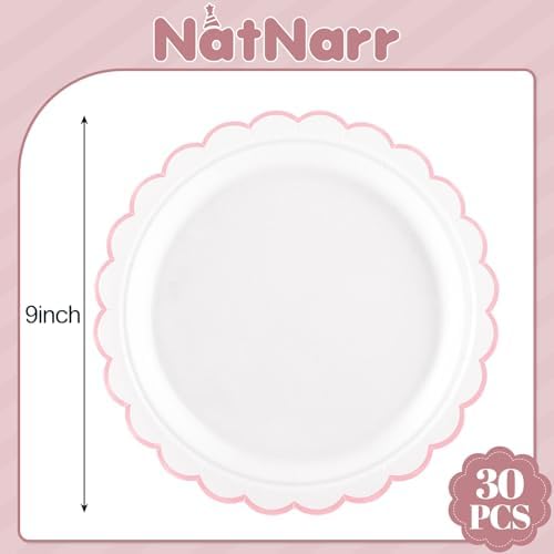 NatNarr 30 Pk Pink Paper Plates 9" Scalloped Pink White Party Plates