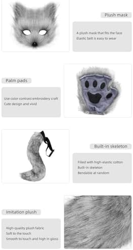 JUNBOON Faux Fur Cat Ears and Wolf Fox Tail Set Adult Kids Claw Glove Kit for Halloween Anime Cosplay Party