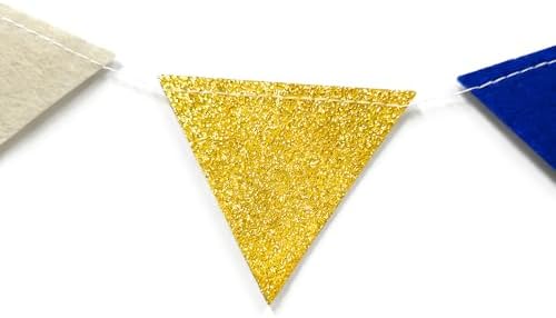 Blue Gold Beige Party Decoration Royal Gold Glitter Felt Hanging Triangle Mini Bunting Pennant Banner Flag for Birthday Wedding Shower Graduation Nautical Ahoy Achor Party Decor Supplies