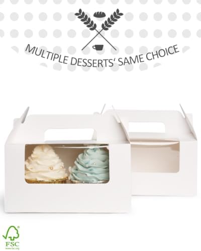 qiqee Cupcake Box Two Holder 6.5x3.6x3.5inch(2.2" Top) 50pcs White 2 Cupcake Boxes With Window