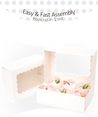 qiqee Auto-pop Up Cupcake Boxes with Window White 100PCS 6 Count Cupcake Box 9.4"x6.1"x3" Cupcakes Carrier, 6 Cupcake Containers