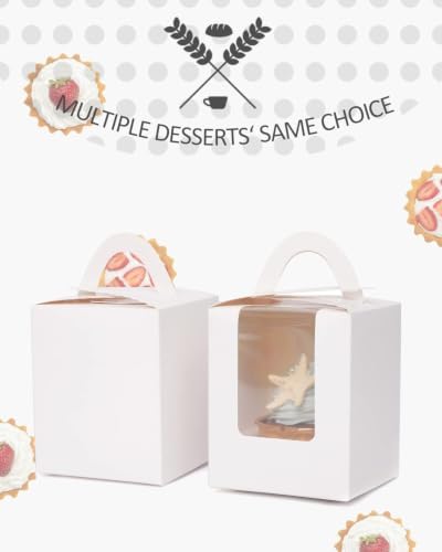 qiqee 100Pcs Auto Pop-up Cupcake Boxes Individual Cupcake Holders Disposable White Single Cupcake Boxes with Window 3.7"x3.7"x4.5" Cupcake Containers