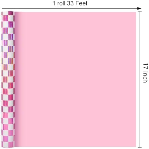 MAYPLUSS Pink Gift Wrapping Paper, 17in x 33ft Holographic Plaid Wrap
