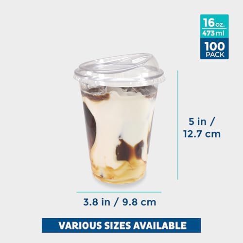 Freshware Clear Plastic Cups with Strawless Sip Lids [100 Cups - 16 oz] Disposable Cup for Iced Coffee, Smoothie, Milkshake, Cold Drinks