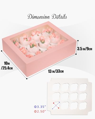 qiqee Auto-pop Up Cupcake Boxes with Window Pink 40PCS 12 Count Cupcake Box 13"x10"x3.5" Cupcakes Carrier, 12 Cupcake Containers with 2 rolls of pink ribbons