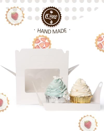 qiqee 100 Packs Cupcake Box Two Holder 6.5x3.6x3.5inch(2.2" Top) White 2 Cupcake Boxes With Window（100 Boxes+100 Inserts）