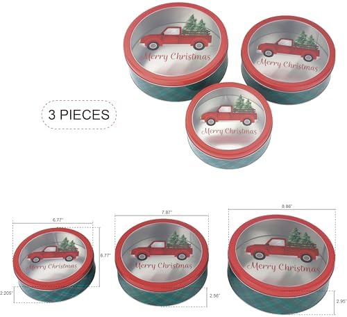 DAHO Christmas Holiday Cookie Tin Containers with Window, 3pc Nested Set, Holiday Cookie Tins with Lid for Gift Giving, Cookie, Treats, Cookies Party Favor and Gifts (Truck, Round Shape)