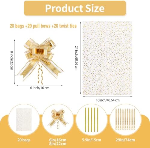 COQOFA 20 Pieces Large Cello/Cellophane Bags,16x24 Inches Clear Basket Gift Bags Gold Star Printed OPP Plastic Cellophane Wrap for Baskets Gift Packaging with Gold Pull Bows