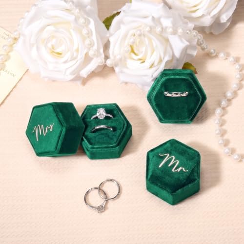 Mr & Mrs Velvet Wedding Ring Box 2 Slots Cursive Hexagon Jewelry Ring Box for Wedding Day Ceremony Bridal Photography Gift Set of 2 (Emerald Green)