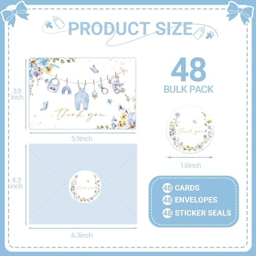 48 Pack Blue Flower Baby Shower Thank You Cards, Boy Baby Gift Card with Envelopes and Stickers, Greeting Cards Bulk for Baby Shower Party