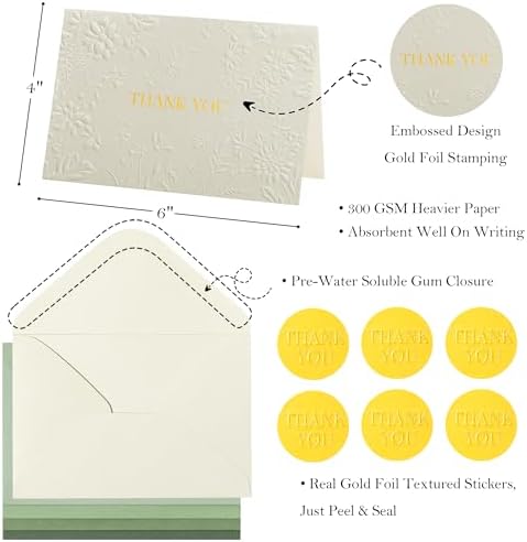 Crisky Bridal Shower Thank You Cards with Envelopes(Sage Green),50 Pack Embossed Floral Thank You Cards for Wedding, Baby Shower, Business, Graduation Party Favors Decorations