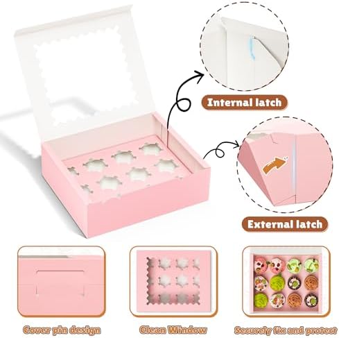 RYDDOY 12 Pack Pink Cupcake Boxes, Hold 12 Count Cupcake, Cupcake Carriers
